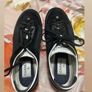 CHANEL Black and White Lace-Up Sneakers